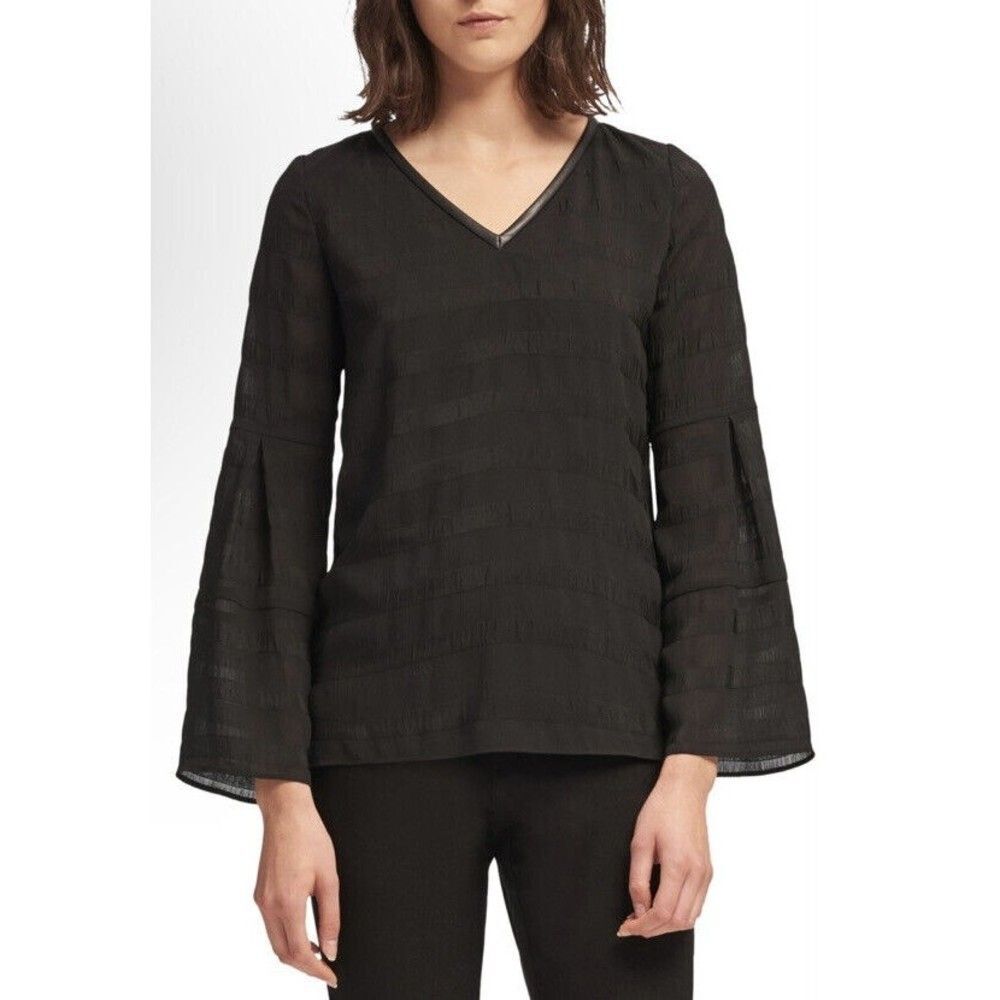 DKNY Black Holiday Sheer Chiffon Textured Faux Leather Bell Sleeve Blouse Top